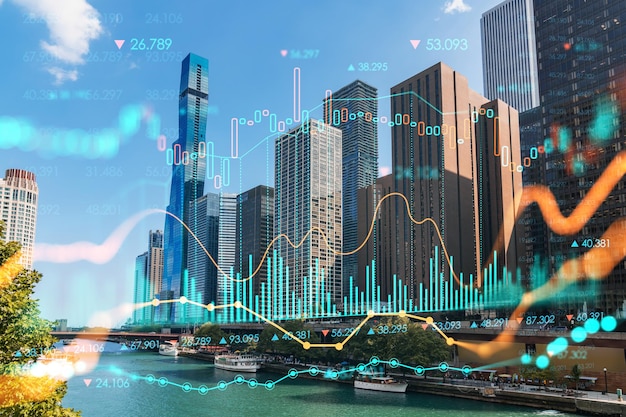 Panorama cityscape of Chicago downtown and Riverwalk boardwalk with bridges at day time Illinois USA Forex graph hologram The concept of internet trading brokerage and fundamental analysis