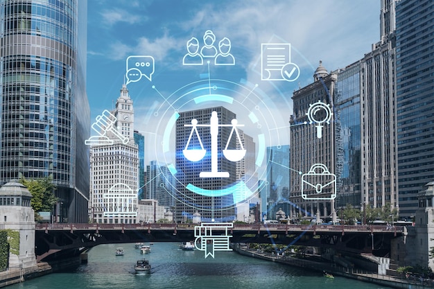 Panorama cityscape of Chicago downtown and Riverwalk boardwalk with bridges at day time Illinois USA Glowing hologram legal icons The concept of law order regulations and digital justice