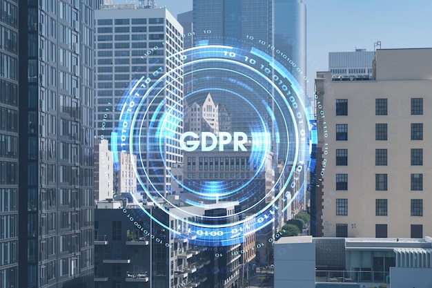 Panorama cityscape of Los Angeles downtown at summer day time California USA Skyscrapers of LA city GDPR hologram concept of data protection regulation and privacy for all individuals in EU Area