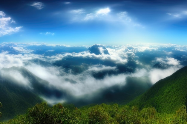 Panorama above the clouds from the airplane window Generative AI