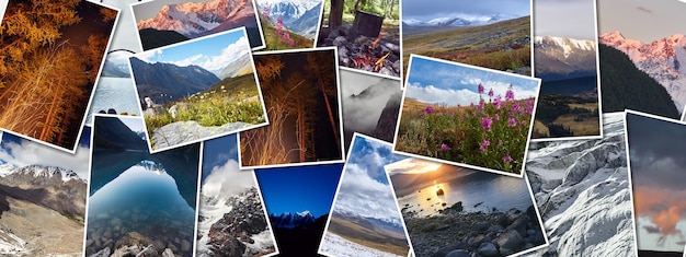 Panorama collage of photos of a trip to the Altai of Russia Beautiful landscape of forests and mountains of Siberia Amazing nature of Russia Altai Krai