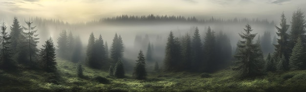 Панорама хвойного леса в тумане вершин деревьев