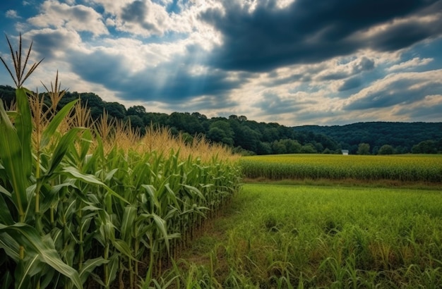 Panorama of corn field at sunset