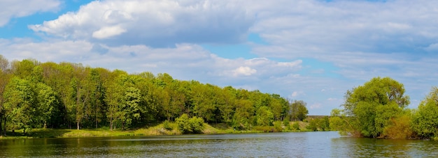 Panorama - de lentelandschap met rivier en bos aan de rivieroever.