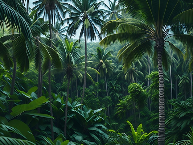 Panorama of dense jungle wild forest with palm trees and tropical plants