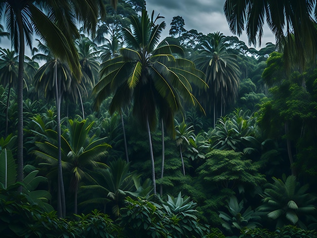 Panorama of dense jungle wild forest with palm trees and tropical plants