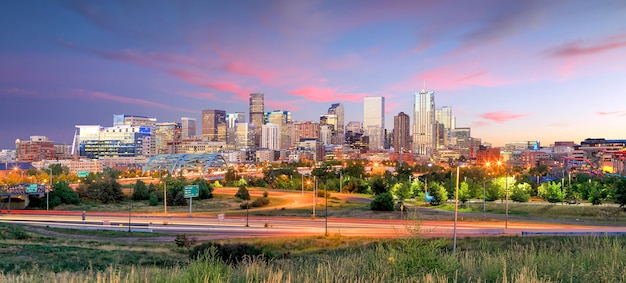 Panorama of Denver skyline long exposure at twilight.