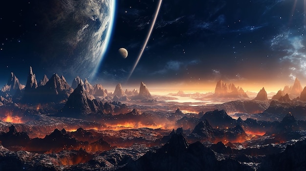 Panorama of distant planet system in space rendering elements of this image furnished by NASA