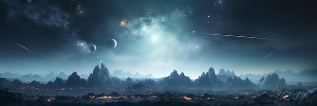 Panorama of distant planet system in space