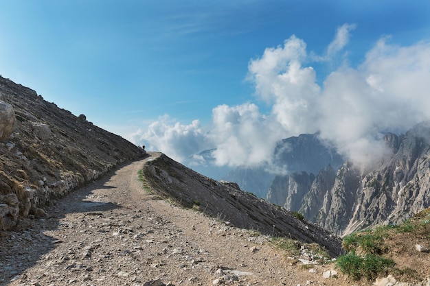 Panorama of the dolomite Alps Tre Cime di Lavaredo in Italy