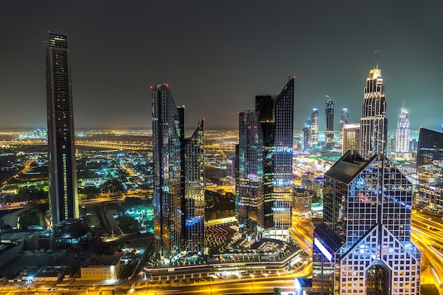 Panorama of downtown Dubai at night, United Arab Emirates