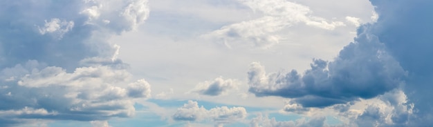 Panorama of dramatic sky with white and gray clouds