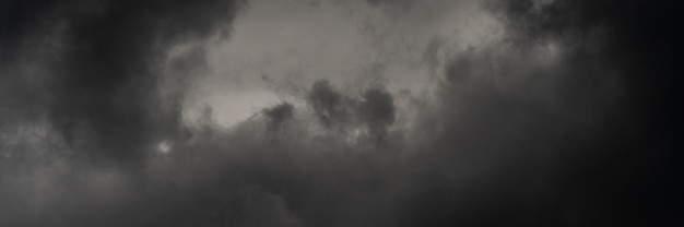 Panorama dramatic storm clouds in dusk sky, rainy and overcast weather. natural meteorology background