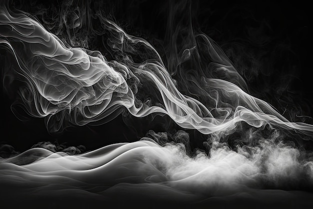 ドライアイスの煙のパノラマ暗い背景にエフェクトスタジオを備えた空気は白い蒸気の抽象的な渦で満たされています
