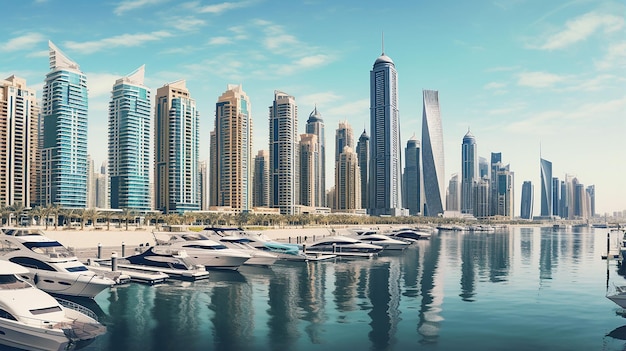 panorama of Dubai Marina with reflection