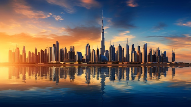 Panorama of dubai skyline during sunset