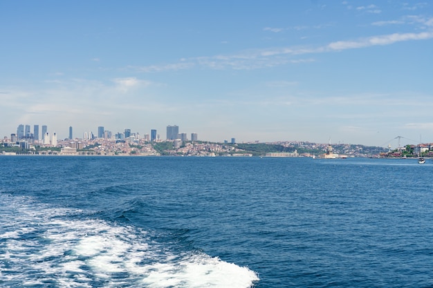 Panorama of European part of Istanbul city and Bosporus bridge