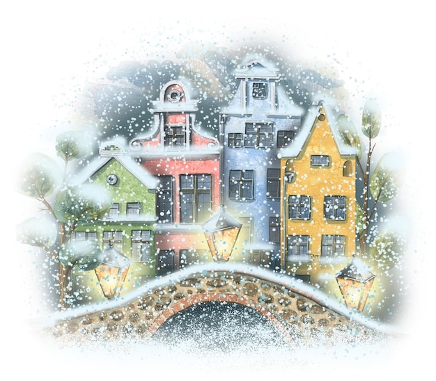 Panorama of a European winter city cute houses with lanterns a bridge and snow Watercolor illustration For the design and decoration of posters prints postcards souvenirs Christmas