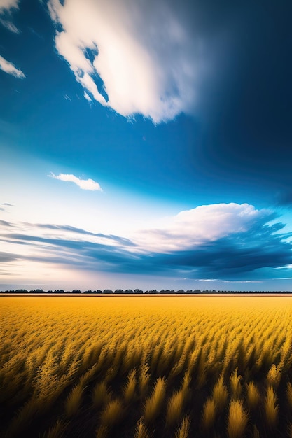 Panorama of the field and clouds on the sky toned in trendy classic blue color