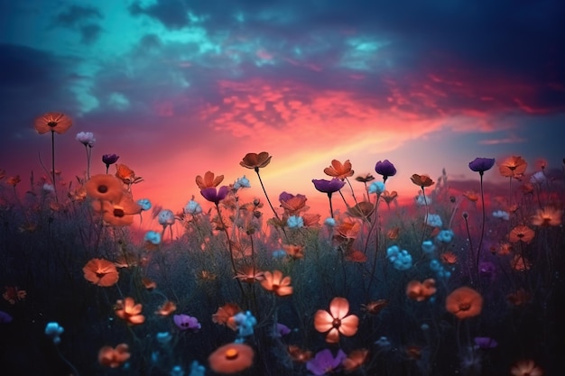 夕日を背景にした花いっぱいの草原のパノラマ