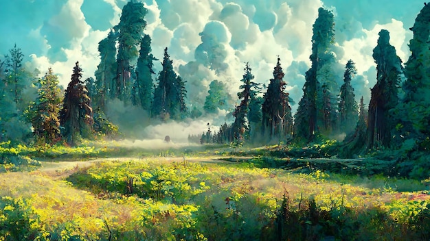 Panorama of foggy forest in a misty day 3d illustration