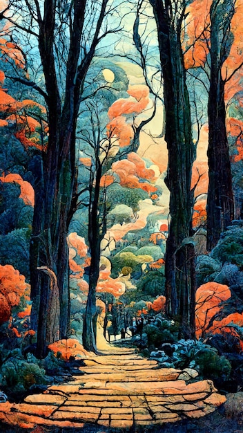 Panorama of the forest at dusk stone road 3D illustration