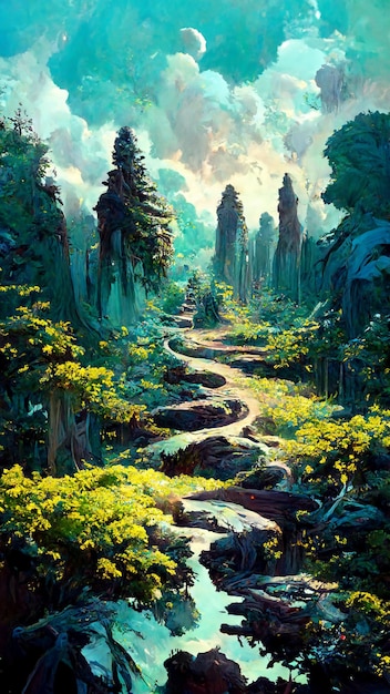 Panorama of the forest at dusk stone road 3D illustration