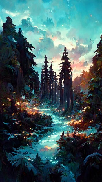 Panorama of the forest at dusk stone road 3D illustration