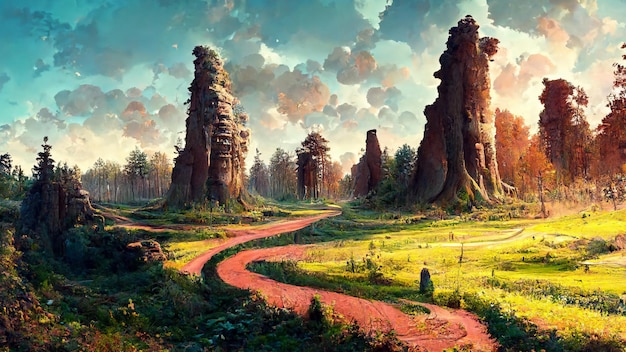 Panorama of the forest at dusk stone road 3D illustration