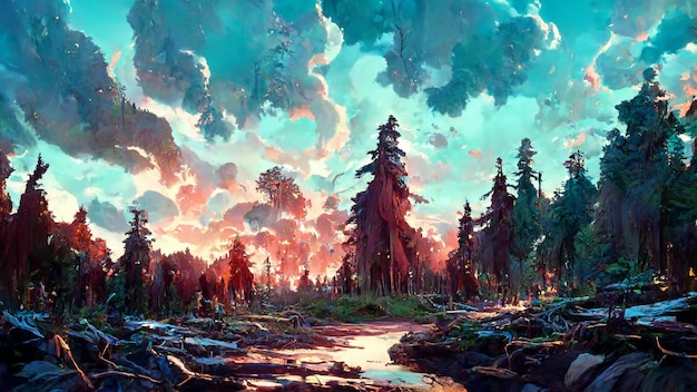 Panorama of the forest at dusk stone road 3d illustration