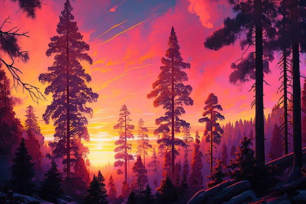 ピンクとオレンジの色合いが空を染める、日の出の森のパノラマ