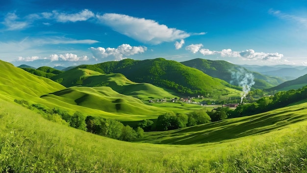 Panorama of fresh green hills in carpathian mountains in spring sunny day