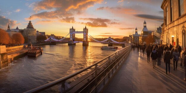 Panorama from the Tower Bridge to the Tower of London United Kingdom during sunset