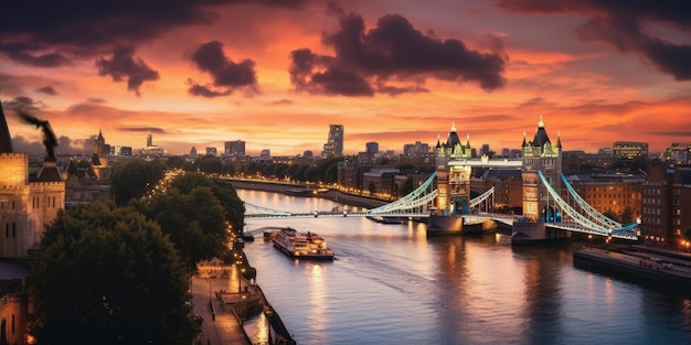 Panorama from the Tower Bridge to the Tower of London United Kingdom during sunset