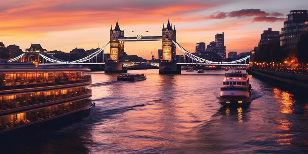 Panorama from the Tower Bridge to the Tower of London United Kingdom during sunset