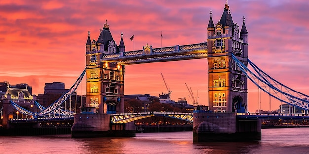 Panorama from the Tower Bridge to the Tower of London United Kingdom during sunset