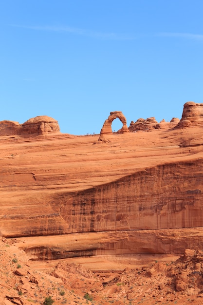 Panorama from utah. famous delicate arch. red rocks canyon, geological formations. united states of america