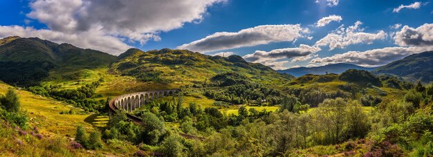 Panorama of Glenfinnan Railway Viaduct in Scotland