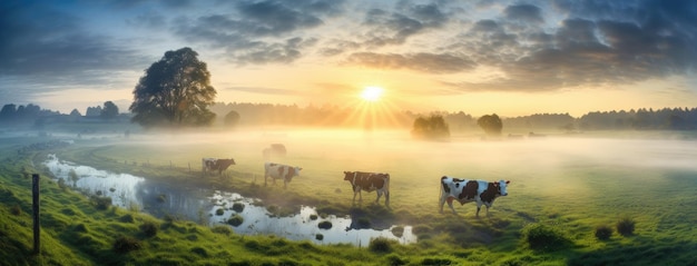 Panorama of grazing cows in a meadow with grass covered with dewdrops and morning fog and in the background the sunrise in a small haze