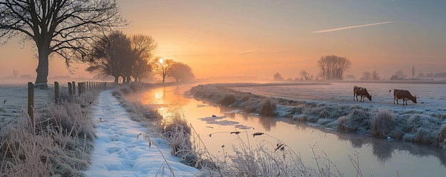 Panorama of grazing cows in a meadow with grass Sunrise in a morning fog Livestock grazing