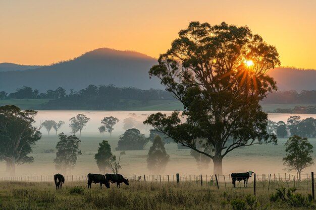 Panorama of grazing cows in a meadow with grass Sunrise in a morning fog Livestock grazing