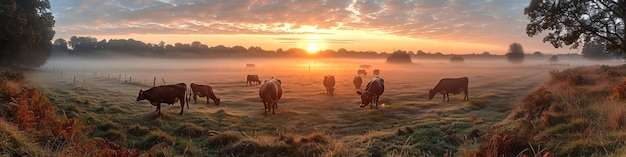 Panorama of grazing cows in a meadow with grass Sunrise in a morning fog Livestock grazing