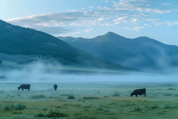 草の草原で放牧する牛のパノラマ 朝の霧で日の出 畜産の放牧