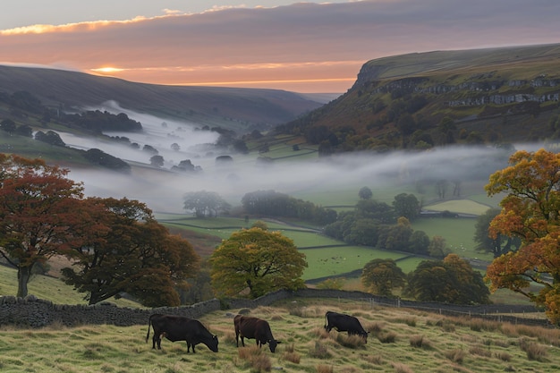 Panorama of grazing cows in a meadow with grass Sunrise in a morning fog Livestock grazing