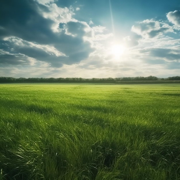 Panorama of green wheat field with blue sky and sun in background