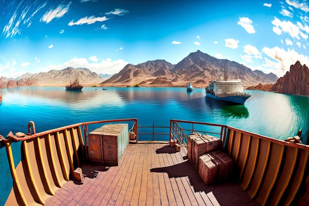 Panorama of harbor view from ship deck against backdrop of shore and mountains