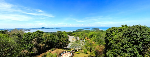 Panorama High angle view sea sky and seaside tourist town of Ao Chalong bay