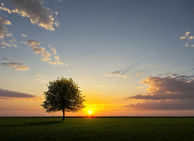 panorama kleine boom groeit met zonsopgang groene wereld en aarde dag concept