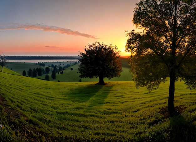 panorama kleine boom groeit met zonsopgang groene wereld en aarde dag concept