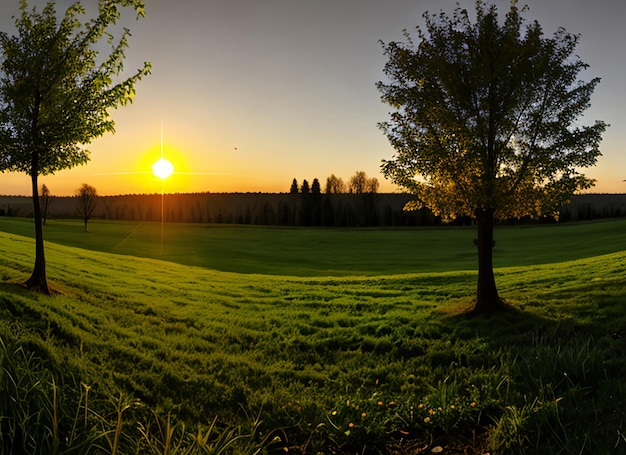 panorama kleine boom groeit met zonsopgang groene wereld en aarde dag concept